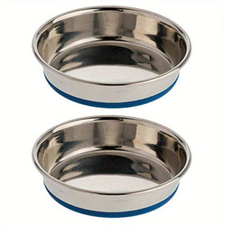 2pcs Premium RubberBonded Stainless Steel Cat Bowls - 0, 75 Cup Capacity, Durable & Easy-Clean Design with Blue Rim, Perfect for Dry Food & Water, Ideal for Indoor Cats, Cat Food Bowl, Indoor Petware, Modern Petware, Smooth Finish