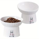 6.5 Inch Extra Wide Tilted Elevated Ceramic Cat Bowls Raised Food and Water Bowl Set for Elder Big Cats and Small Dogs Avoid Whisker Fatigue Free of Lead and Cadmium White Set of 2