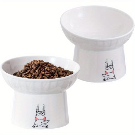 6.5 Inch Extra Wide Tilted Elevated Ceramic Cat Bowls Raised Food and Water Bowl Set for Elder Big Cats and Small Dogs Avoid Whisker Fatigue Free of Lead and Cadmium White Set of 2