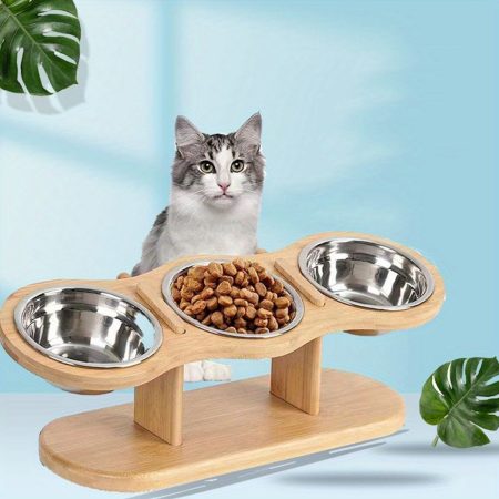 3-Tier Stainless Steel Cat Bowl with 15° Wooden Shelf - Raised Feeding & Watering Dish for Indoor Cats, Puppies, and Small Dogs, Modern Design with Wooden Texture, Cat And Dog Food And Water Bowls, Pet Dining Accessory, Sleek Petware, Wooden Texture