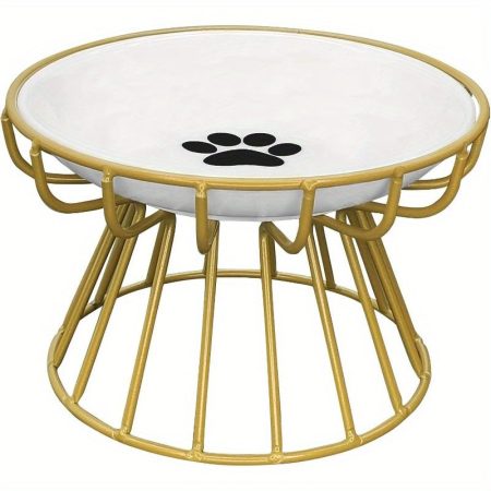 Elevated Pet Food Dish with Golden Stand - Raised Ceramic Shallow Bowl for Indoor Cats & Small Dogs, Durable Plastic Construction, Easy-Clean Design, Stable Base for Secure Feeding, Indoor Pet Dish, Modern Petware, Sturdy Construction