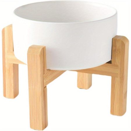 6 Ceramic Raised Dog Bowl 30oz Dog Food Water Bowl with Elevated NonSlip Bamboo Stand, Dishwasher Microwave Safe, Anti Vomiting Heavy Duty Pet Bowl for Small and Medium Dogs, White