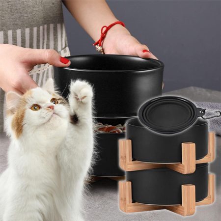 3pcs Black Ceramic Cat Bowl with Wood Stand No Spill Pet Food Water Feeder Cats Small Dogs