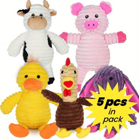5pcs Plush Dog Squeaky Toys Rabbit Pig Duck Rooster Cow Animal, Dog Playing Chewing Plus Toy Sets, Cute Dog Gift Toys, Ideal For Pet Outdoor Indoor Playing Chewing, Suit For All Breeds Dog, Without Battery