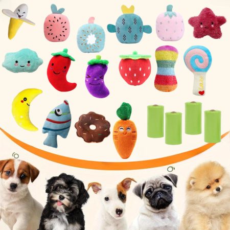 20pcs Interactive Toys for Cats and Dogs, Puppy Chew Toys Fruit Pattern, Dog Toy Set, Including 4 Dog Bags, Interactive Toys, Cute Plush Puppy Toys, Interactive Toys, High Quality Materials, Suitable for Most Puppies/ 16 Toys 4 Boxes