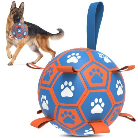 [Durable Dog Ball] Durable Rubber Dog Soccer Ball with Straps | Interactive Tug of War Toy for All Breeds, Blue & Orange Paw Print Design, Includes Air Pump for Easy Inflation