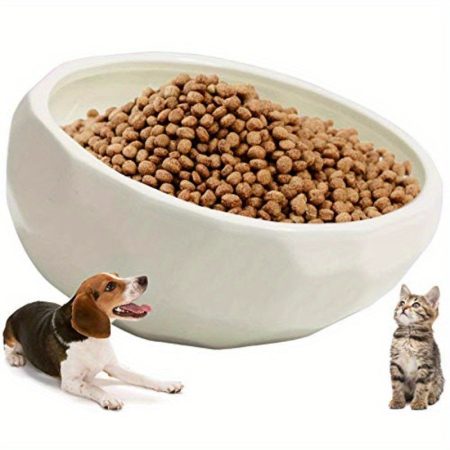 Heavy-Duty Anti-Tip Slanted Pet Bowl - Wide Base, Non-Slip Floor Protection, Easy-Clean Surface - for Large Dogs & Cats - (White) - Ideal for Wet/Dry Food, Smooth Edges, Durable Ceramic, Cat Owners