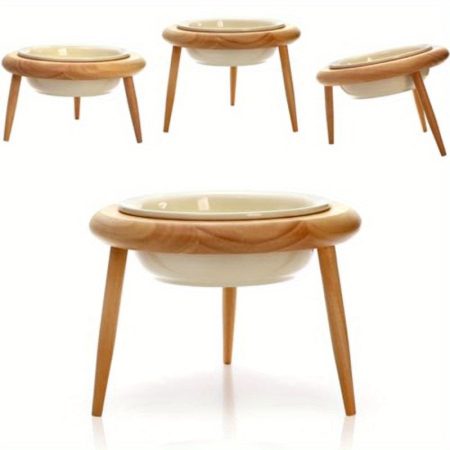Adjustable Tilted Ceramic Cat Bowl with Wooden Stand - No Spill Pet Food & Water Feeder, Ergonomic Design for Easy Drinking, 600ml/20oz Cream White, Pet Food Bowl, Pet Hydration Solution, Modern Petware, Durable Petware