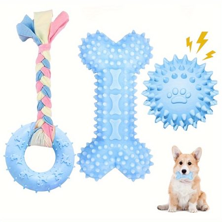 3pcs Puppy Chew Toys for Small Dogs - Soft Rubber Teething Relief Set with Durable Rope Bone, Spiky Ball & Ring, Interactive Outdoor Pet Toy Kit, Puppy Toys